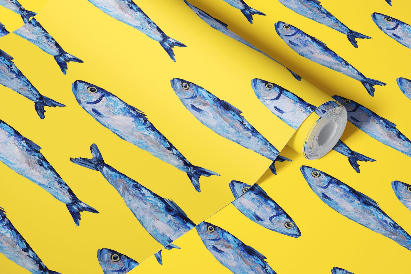 Shimmering Sardines Shoal on Yellow Orange wallpaper roll