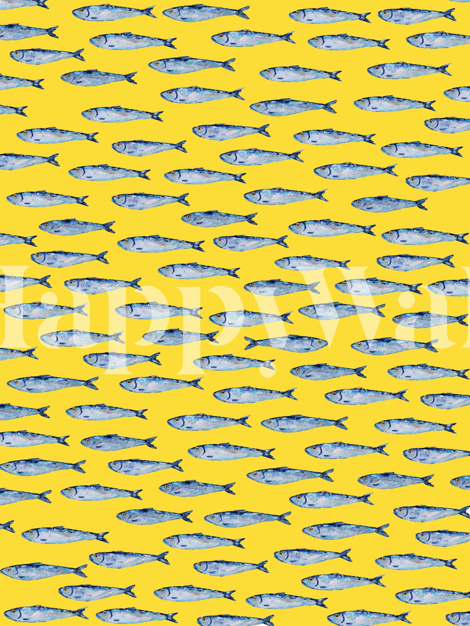 Et mønster af blå sardinfisk-illustrationer, der svømmer hen over et gul-orange baggrundsvægmaleri.