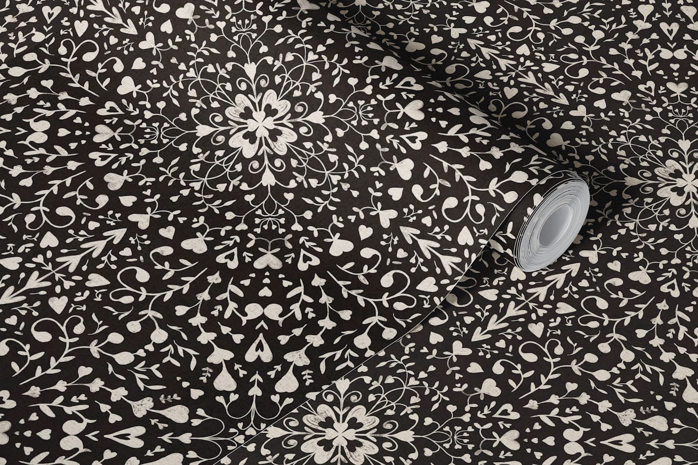 Floral love mandala black and white pattern wallpaper roll