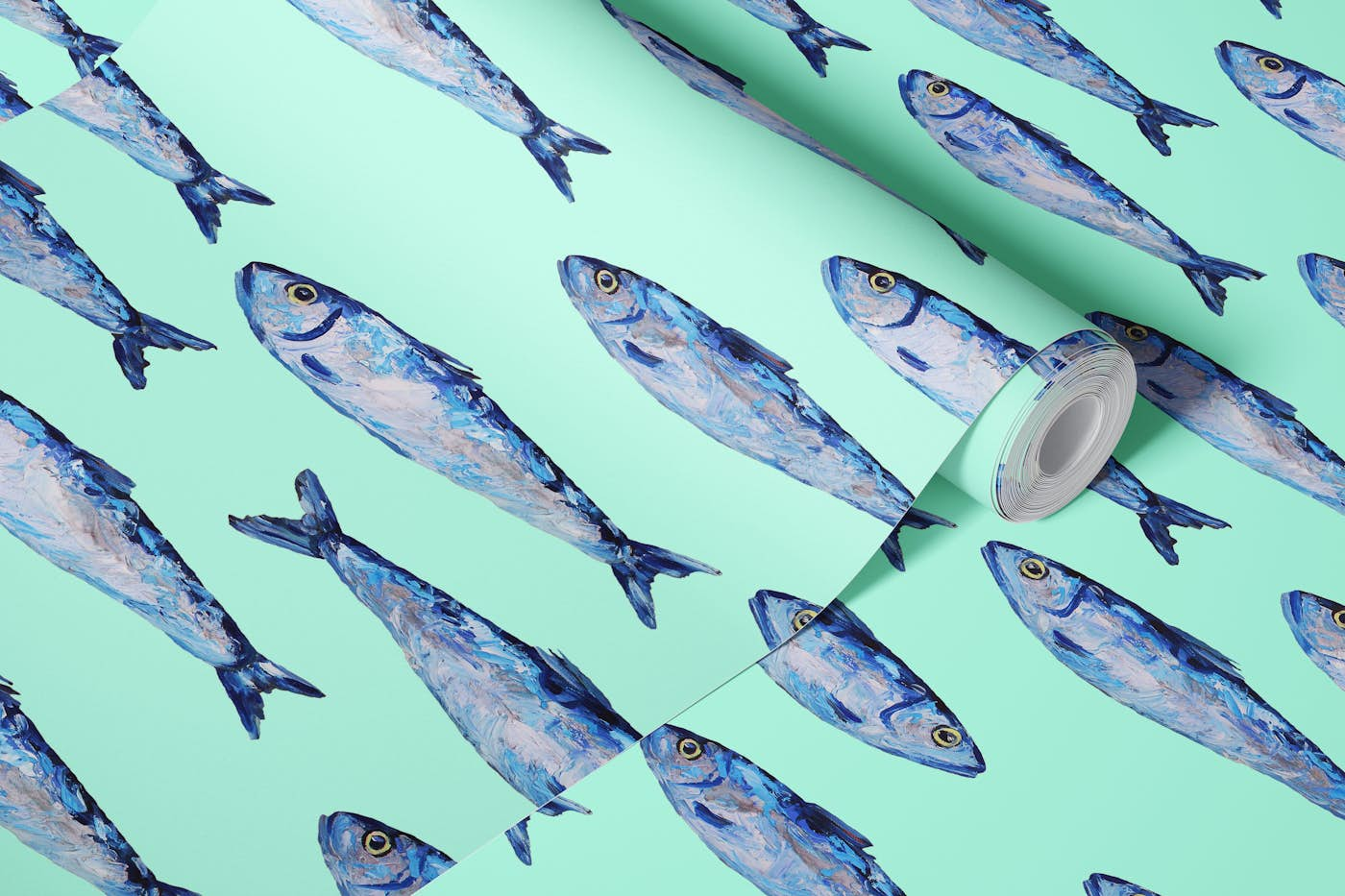 Shimmering Sardines on Light Turquoise wallpaper roll