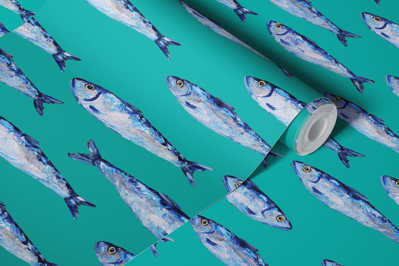 Shimmering Sardines on Teal wallpaper roll