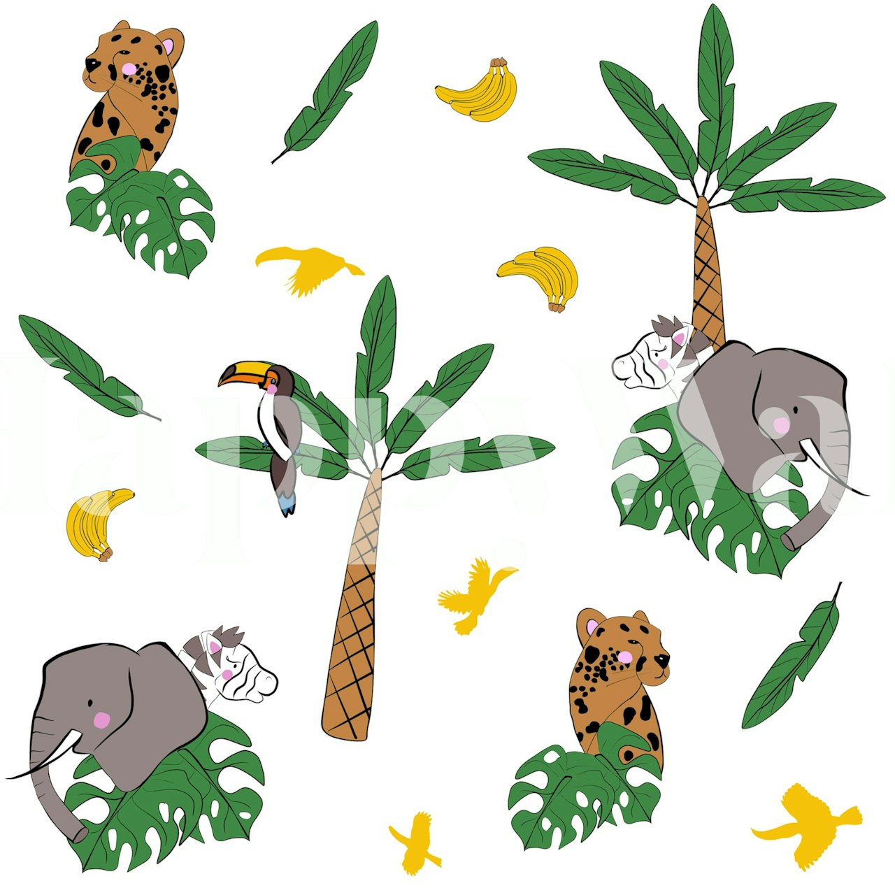 Tropical animal print wallpaper with elephants, toucans, and leaves