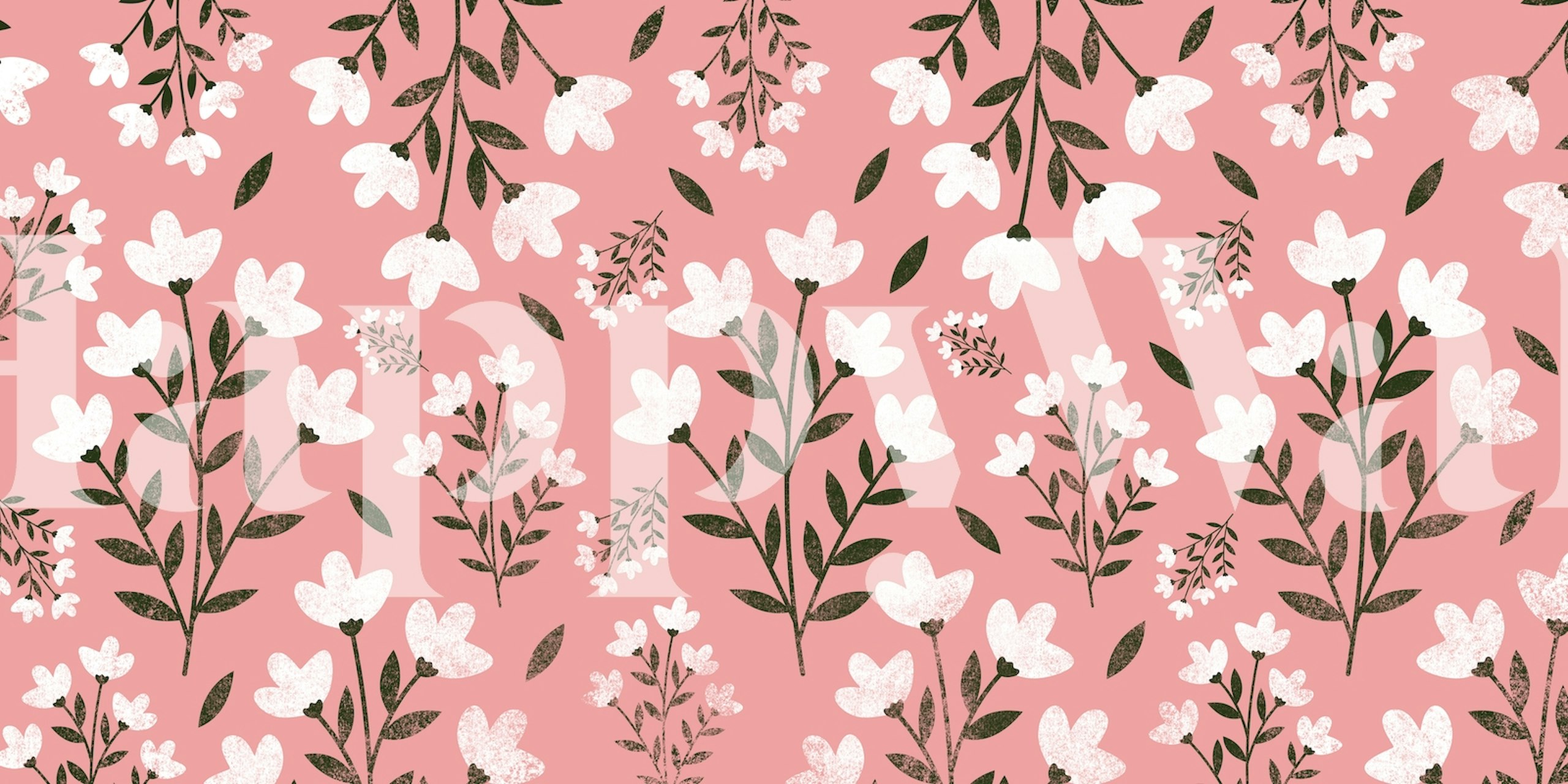 Pink floral design with white blossoms and green leaves wallpaper