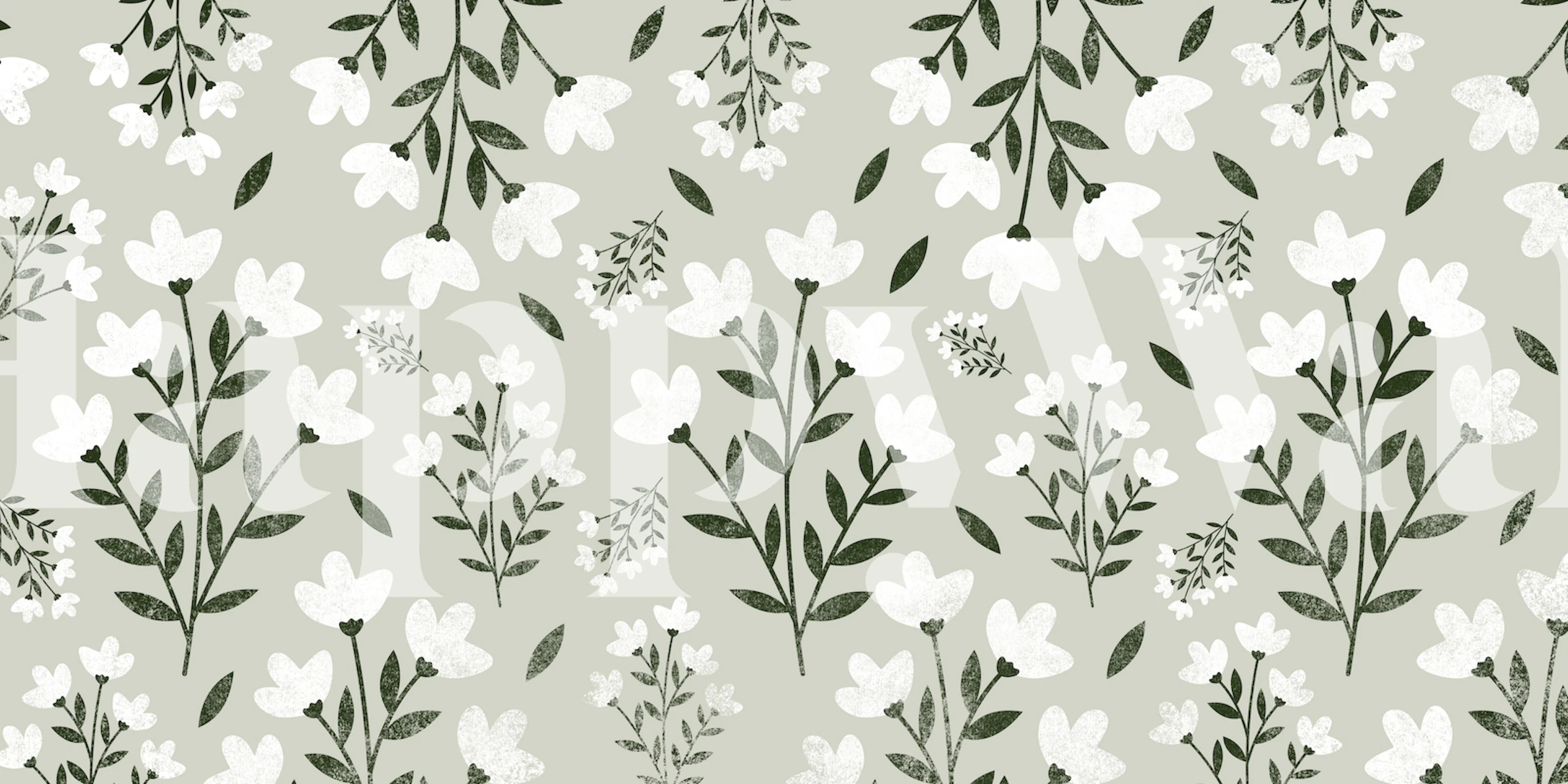 Boho Flower Green Wall Mural With White Flowers And Green Leaves On A Muted Background