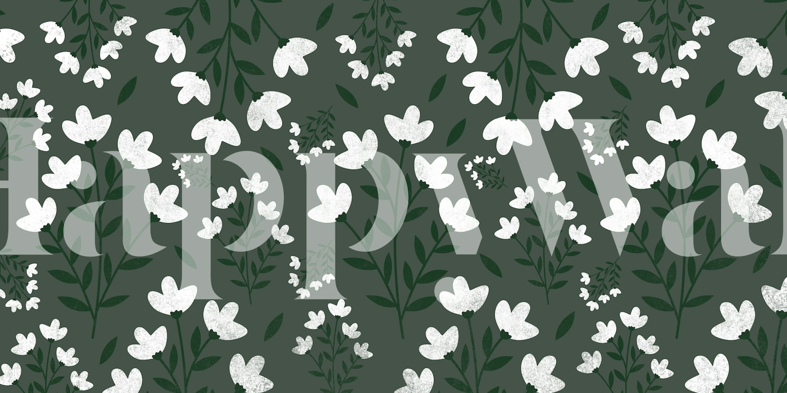 White floral patterns on green background boho wallpaper