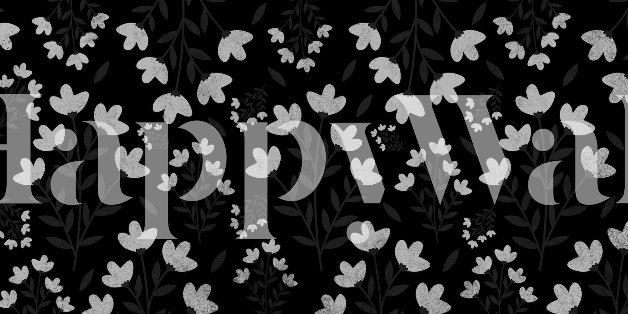 Black and white floral pattern wallpaper featuring delicate flowers and leaves.