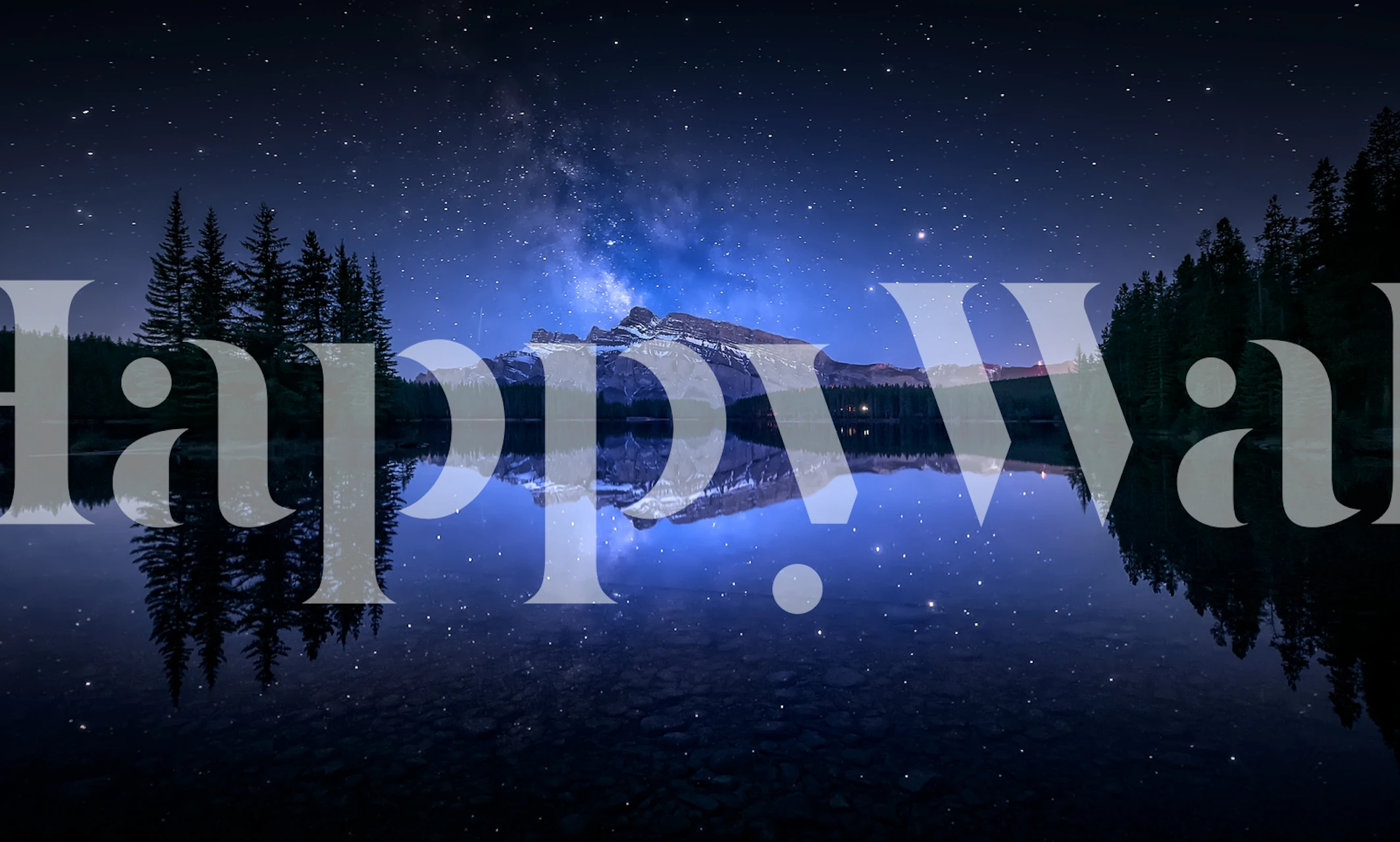 Starry night over Two Jack Lake with forest silhouette and mesmerizing reflection in the water wall mural