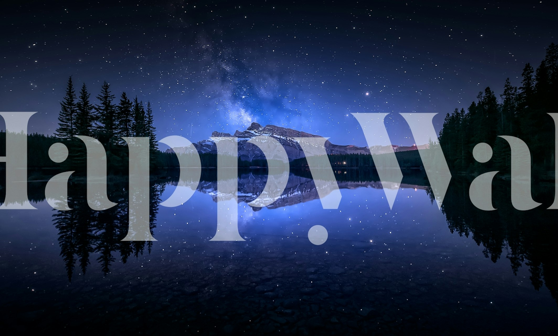 Starry night over Two Jack Lake with forest silhouette and mesmerizing reflection in the water wall mural