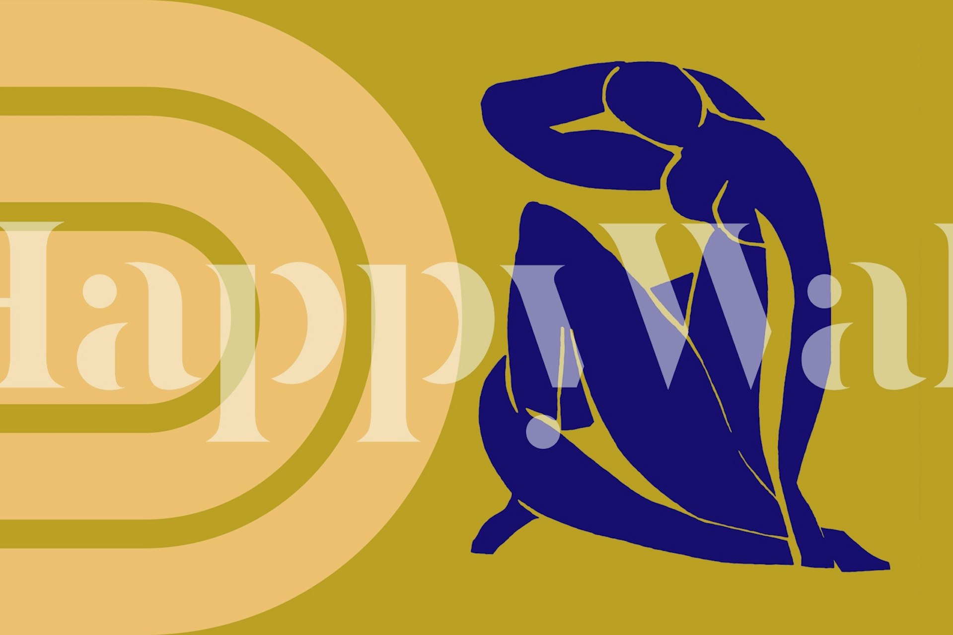 Mid-Century graphic wallpaper with abstract shapes in gold and dark blue.