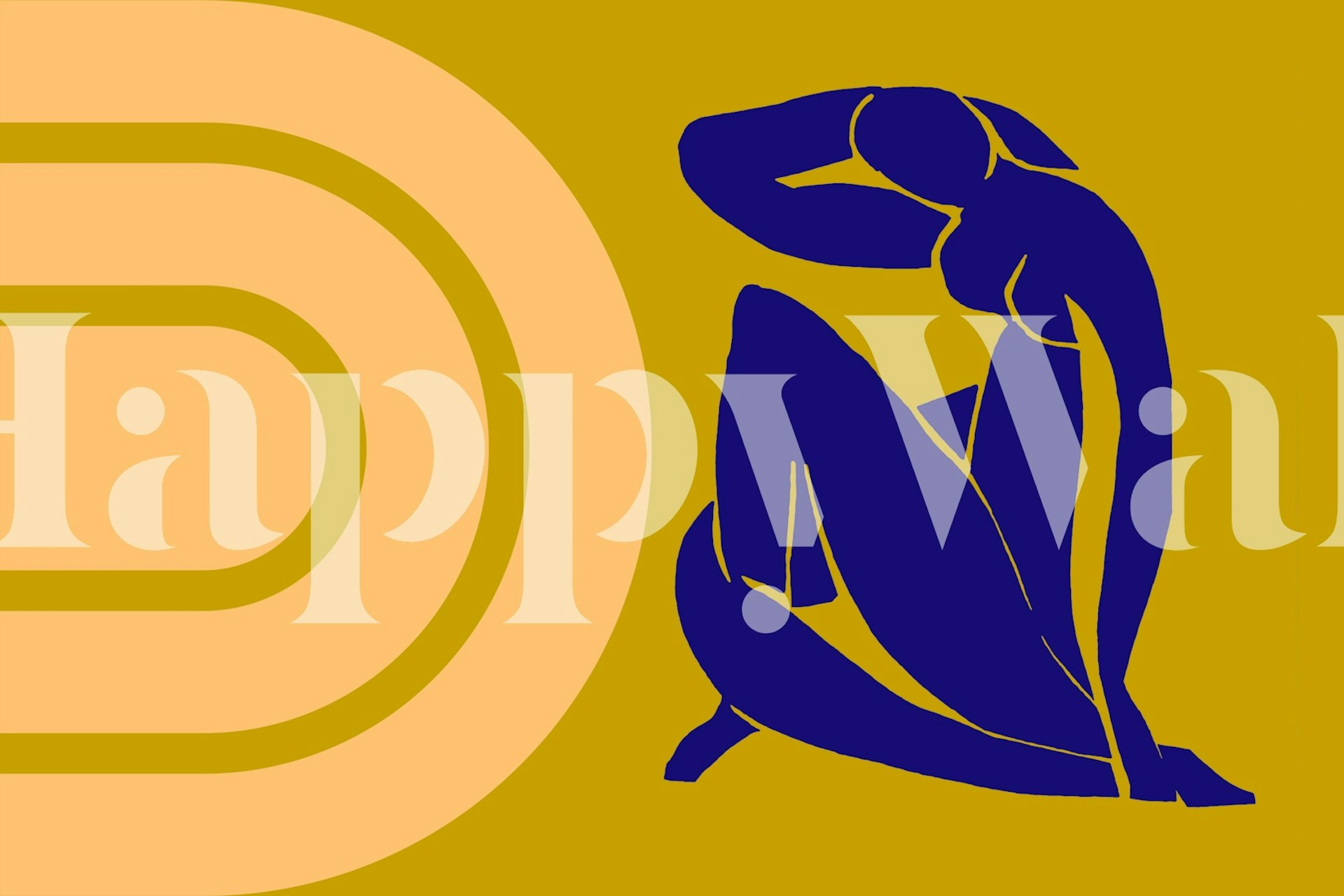 Mid-Century graphic wallpaper with abstract shapes in gold and dark blue.