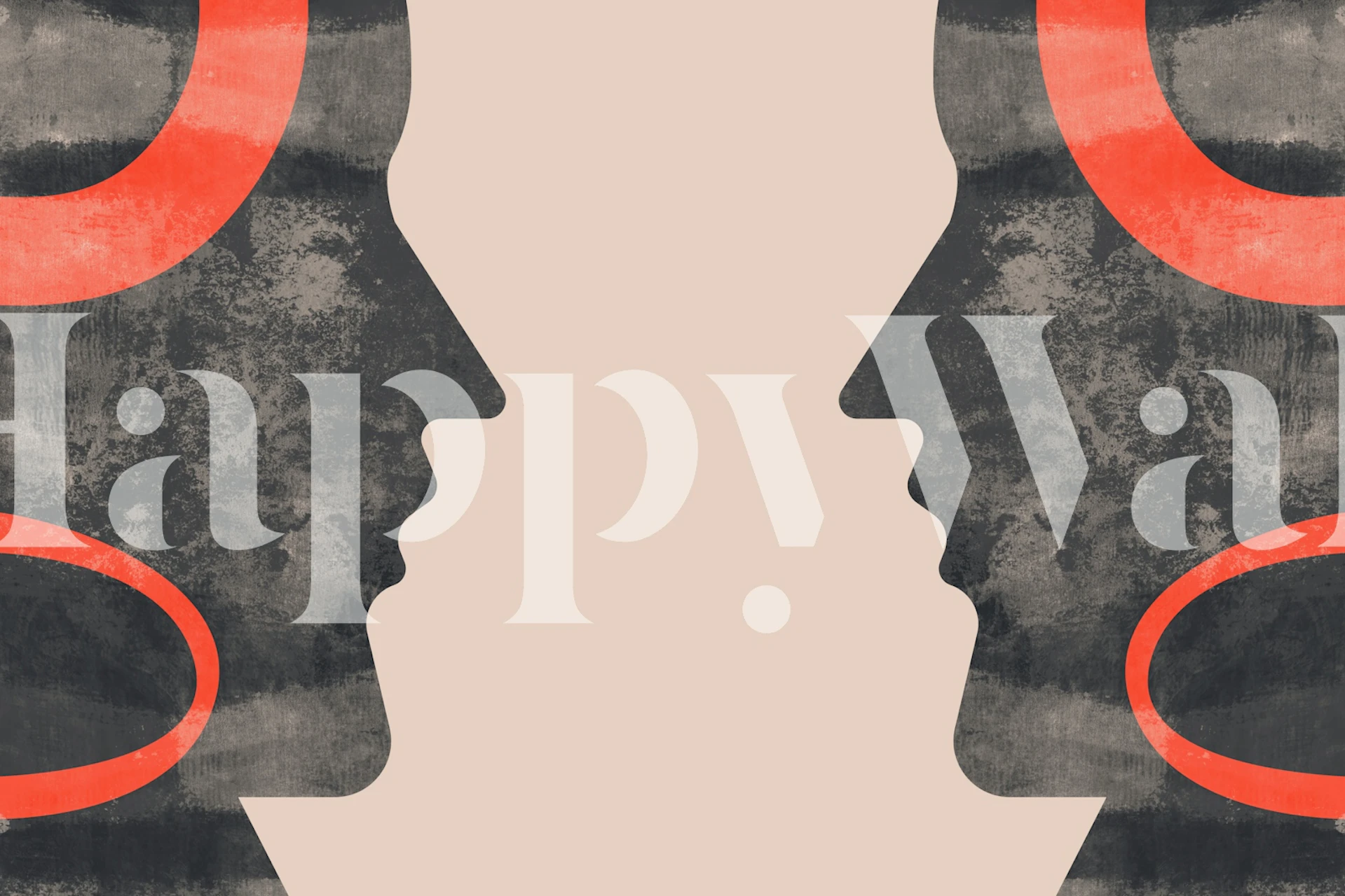 Abstract designs of faces and shapes in gray and red wallpaper