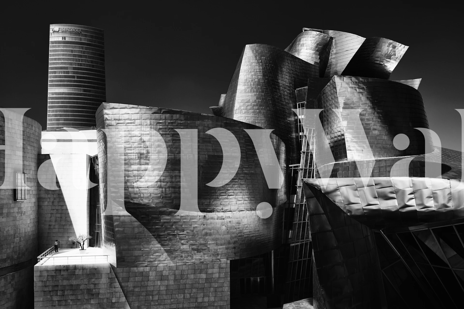 Abstract monochrome wall mural with a surreal landscape of a tree and geometric structures from happywall.com