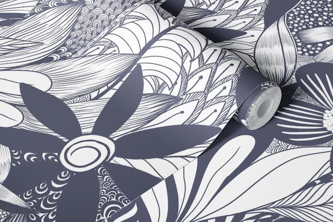 Hand-drawn Zentangle flowerswallpaper roll