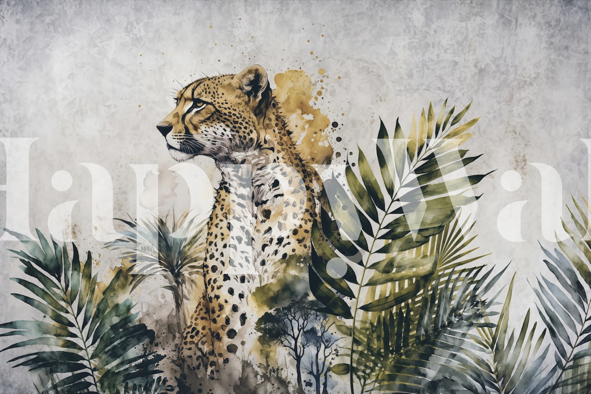 Cheetah Jungle Wildlife Painting vægmaleri med tropisk løv