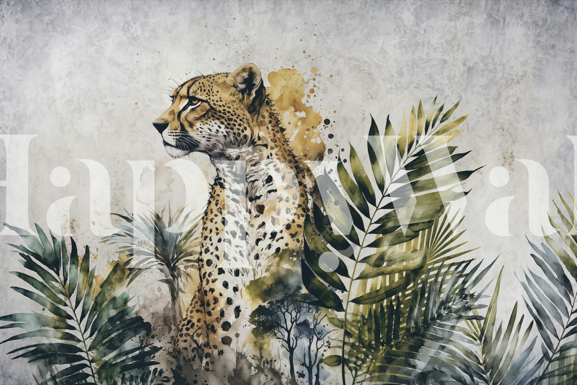 Cheetah Jungle Wildlife Målning tapet med tropiskt bladverk