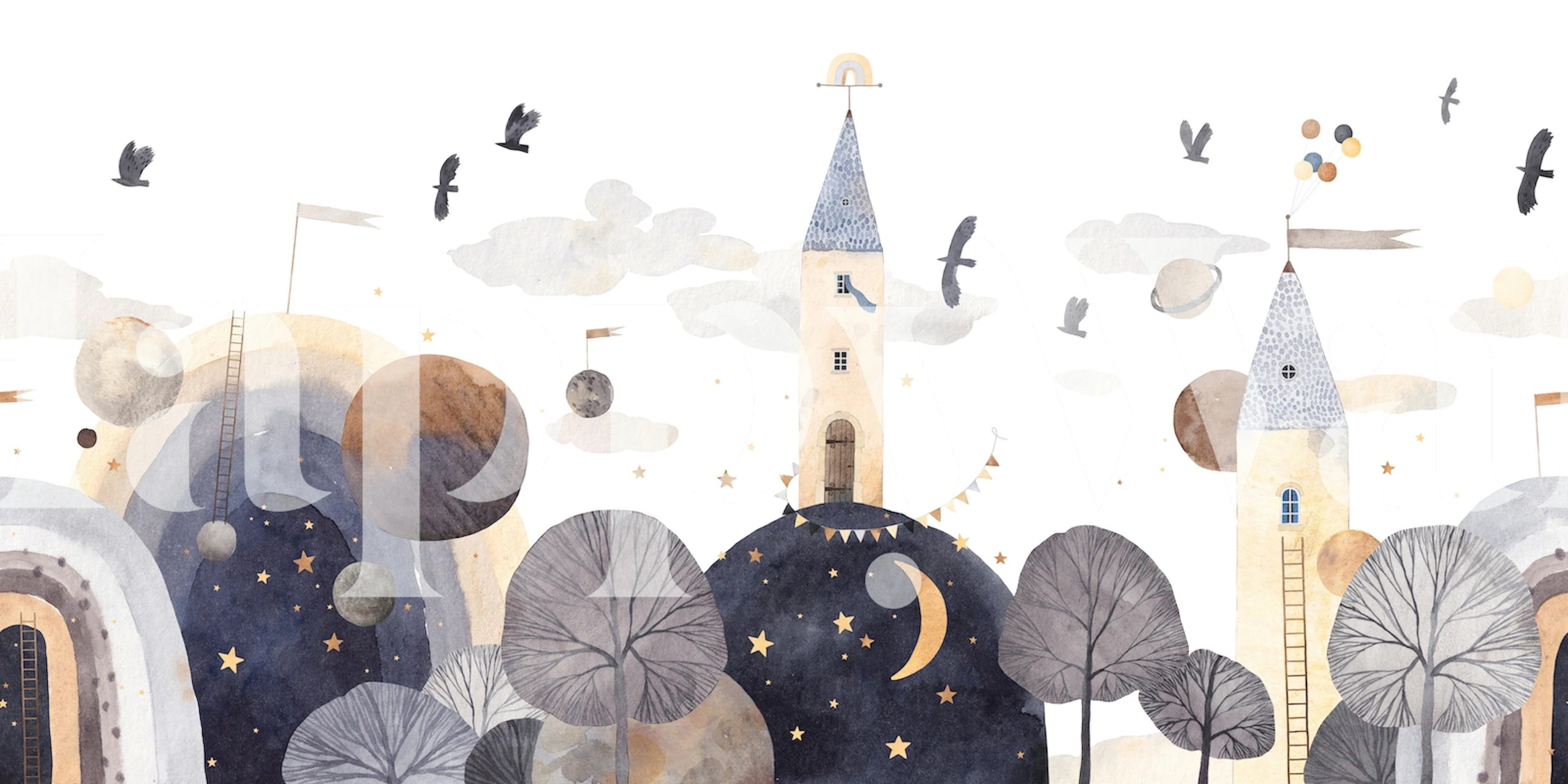 Whimsical fairy tale landscape with pastel colors and dreamy motifs wallpaper