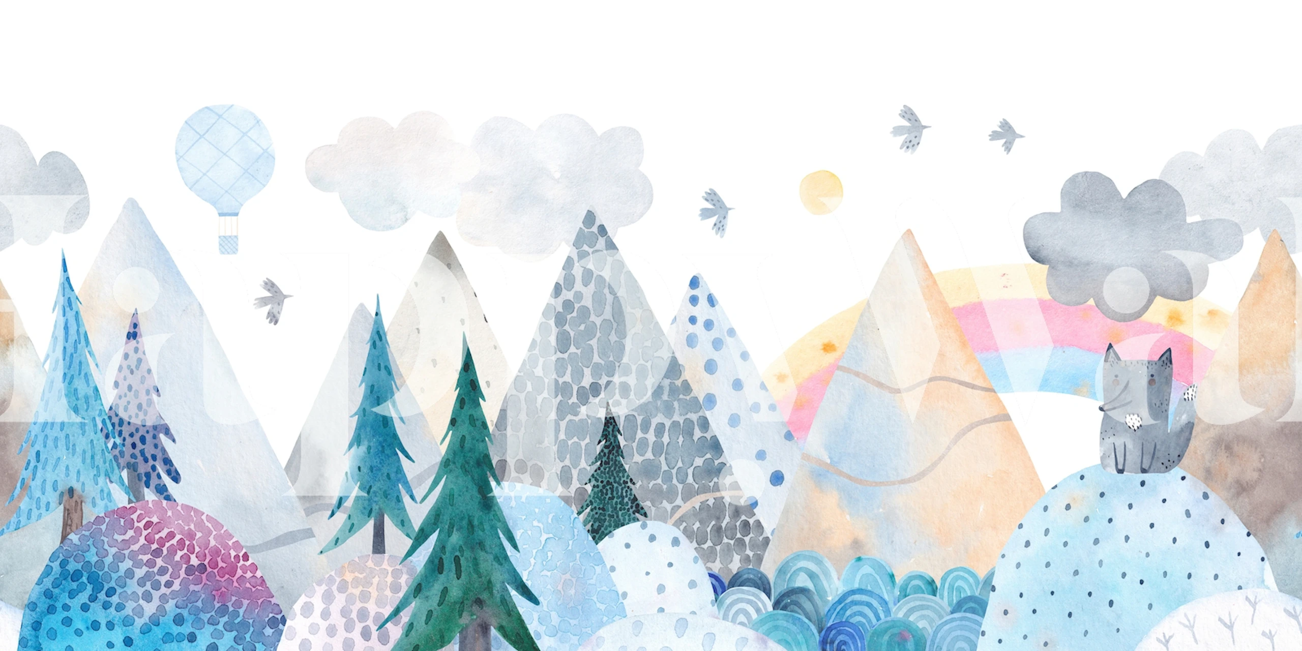 Pastel-colored fairytale mountain scenery wall mural with patterned peaks and flying birds.