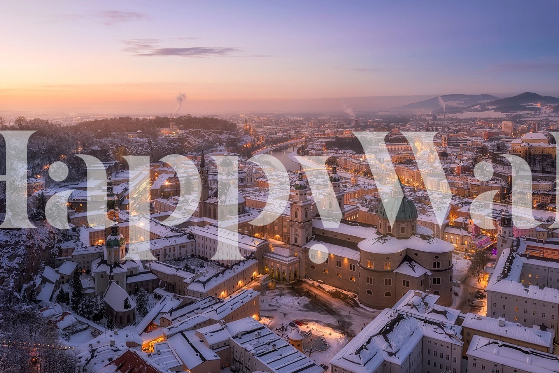 Carta da parati murale con paesaggio urbano di Salisburgo coperta di neve all'alba