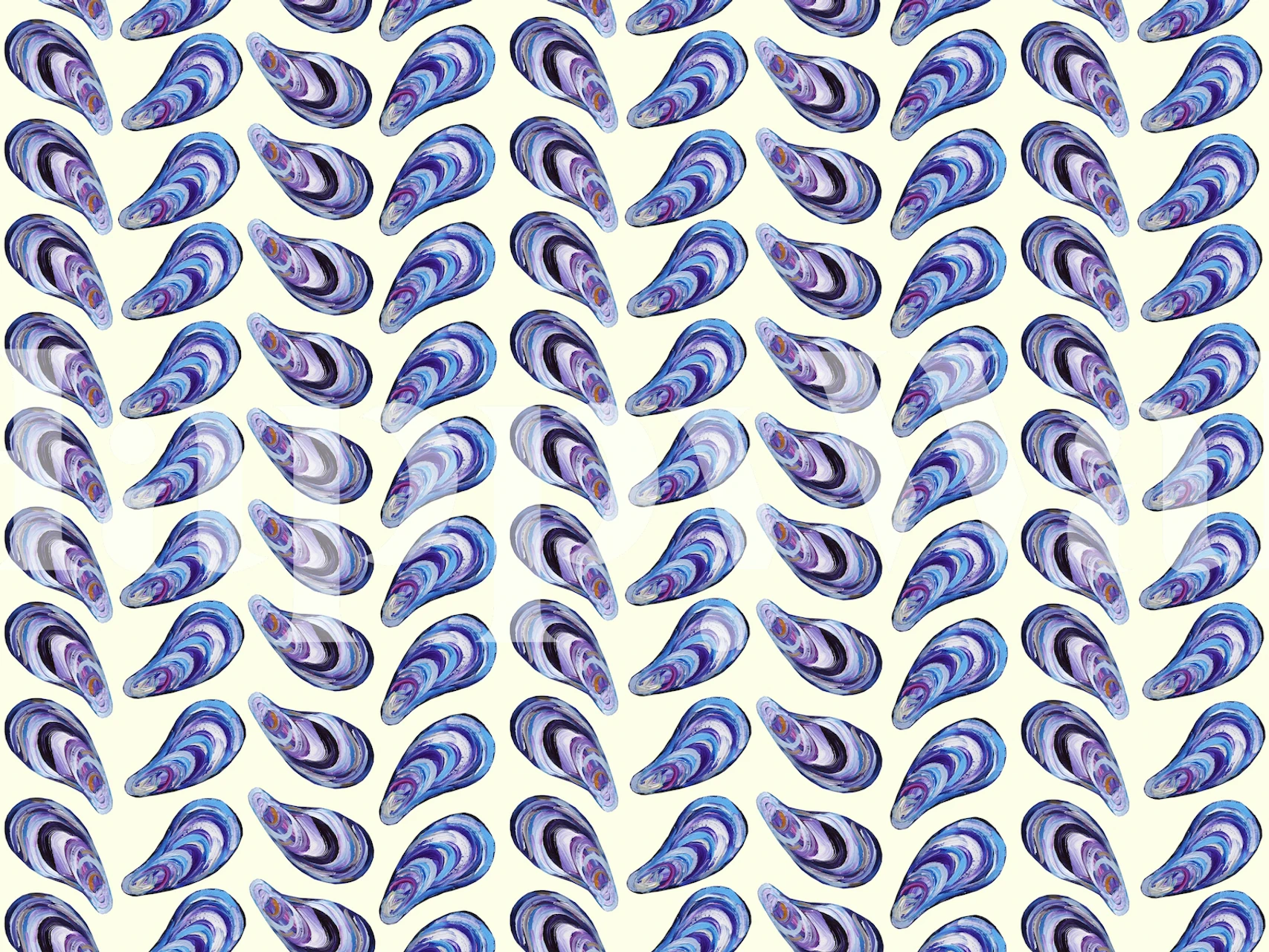 Mussel shell patterns in shades of blue and purple on off white wallpaper