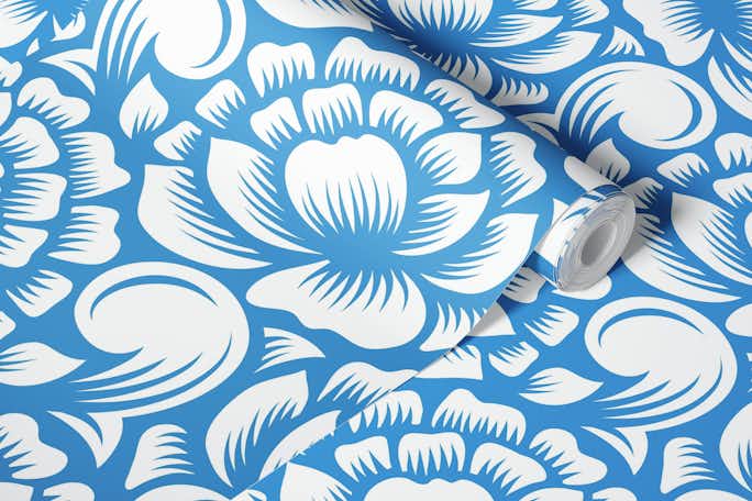 White peonies on blue pattern / 2793Cwallpaper roll
