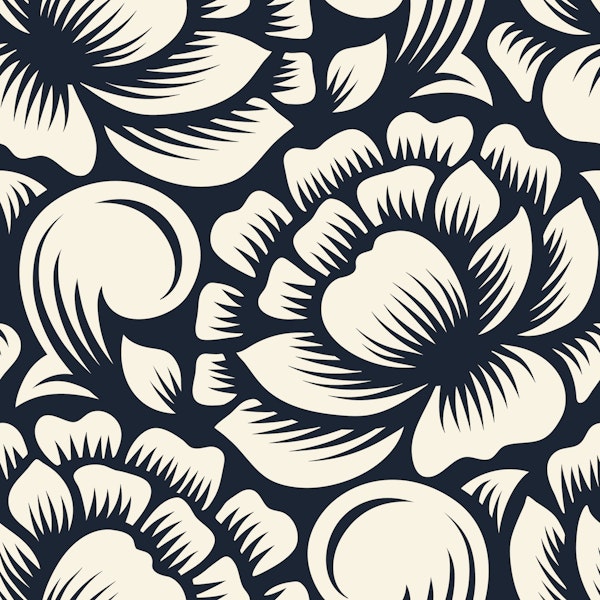 White peonies silhouettes on black, 2793F