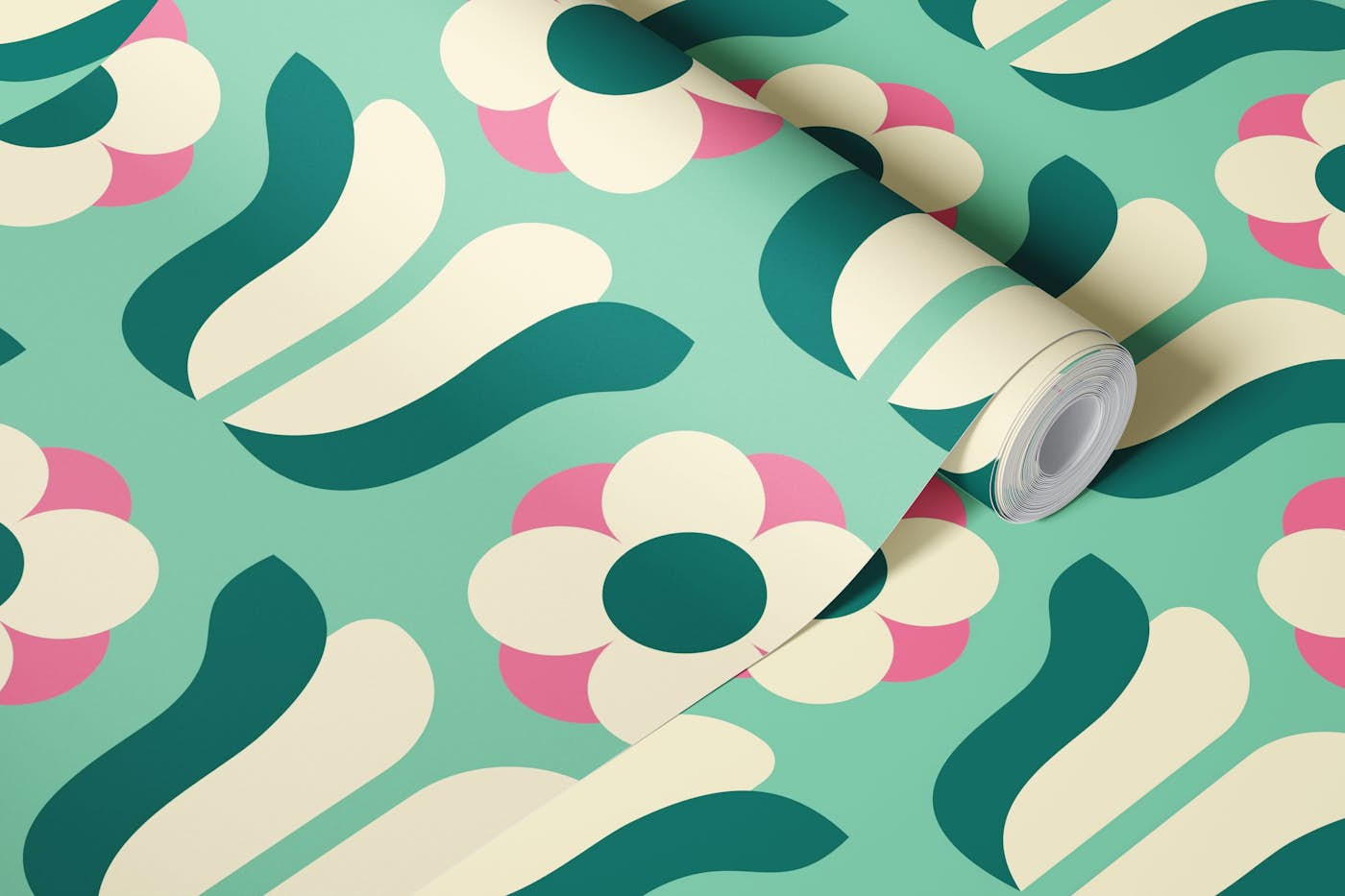 Retro Daisies, green pink / 2837E wallpaper roll