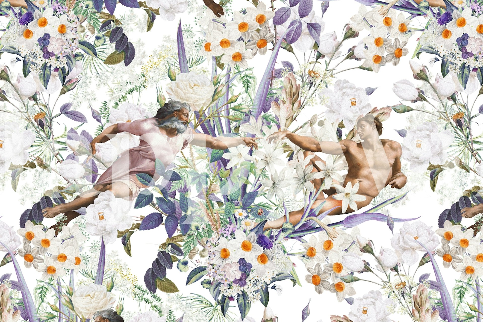 Creation of Adam floral wallpaper with white flowers, purple leaves, intricate patterns