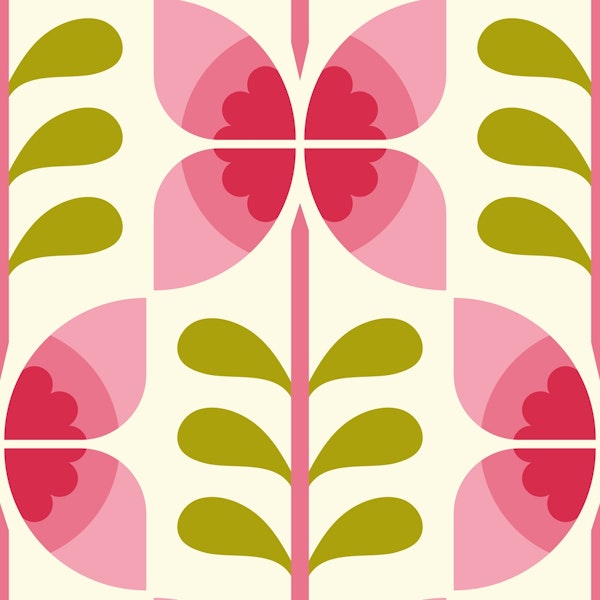 Retro butterfly flowers, pink green / 2856A