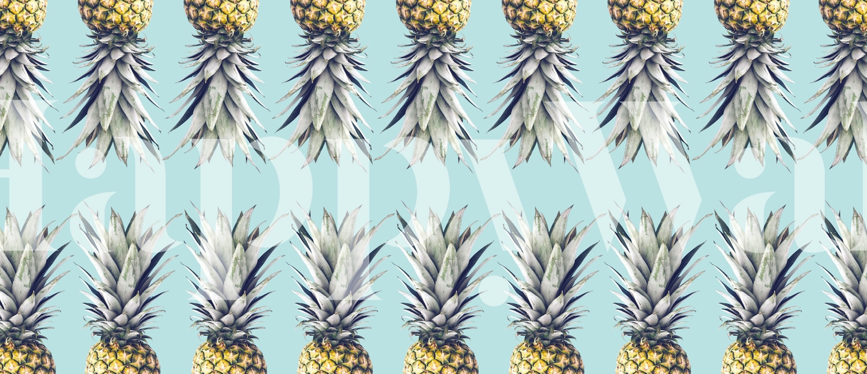 Pineapple wallpaper with yellow fruits and green leaves on a light blue background