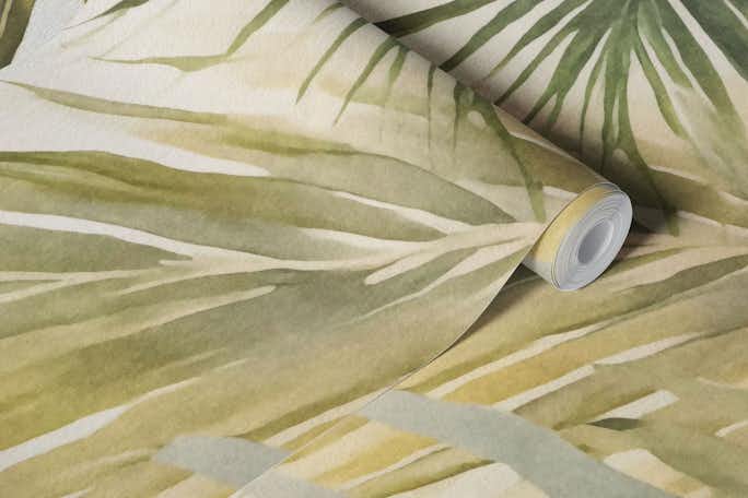 Tropical Island Palm Leaves Watercolor Greenwallpaper roll