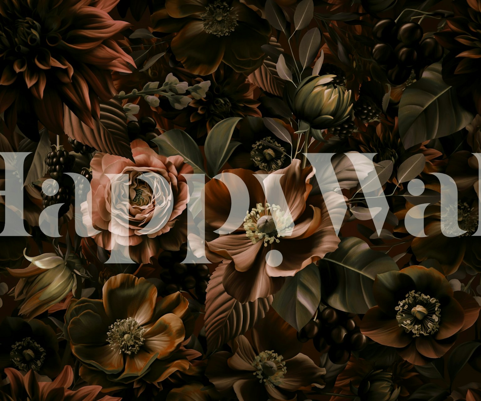 Dark floral pattern with roses and leaves in browns wallpaper