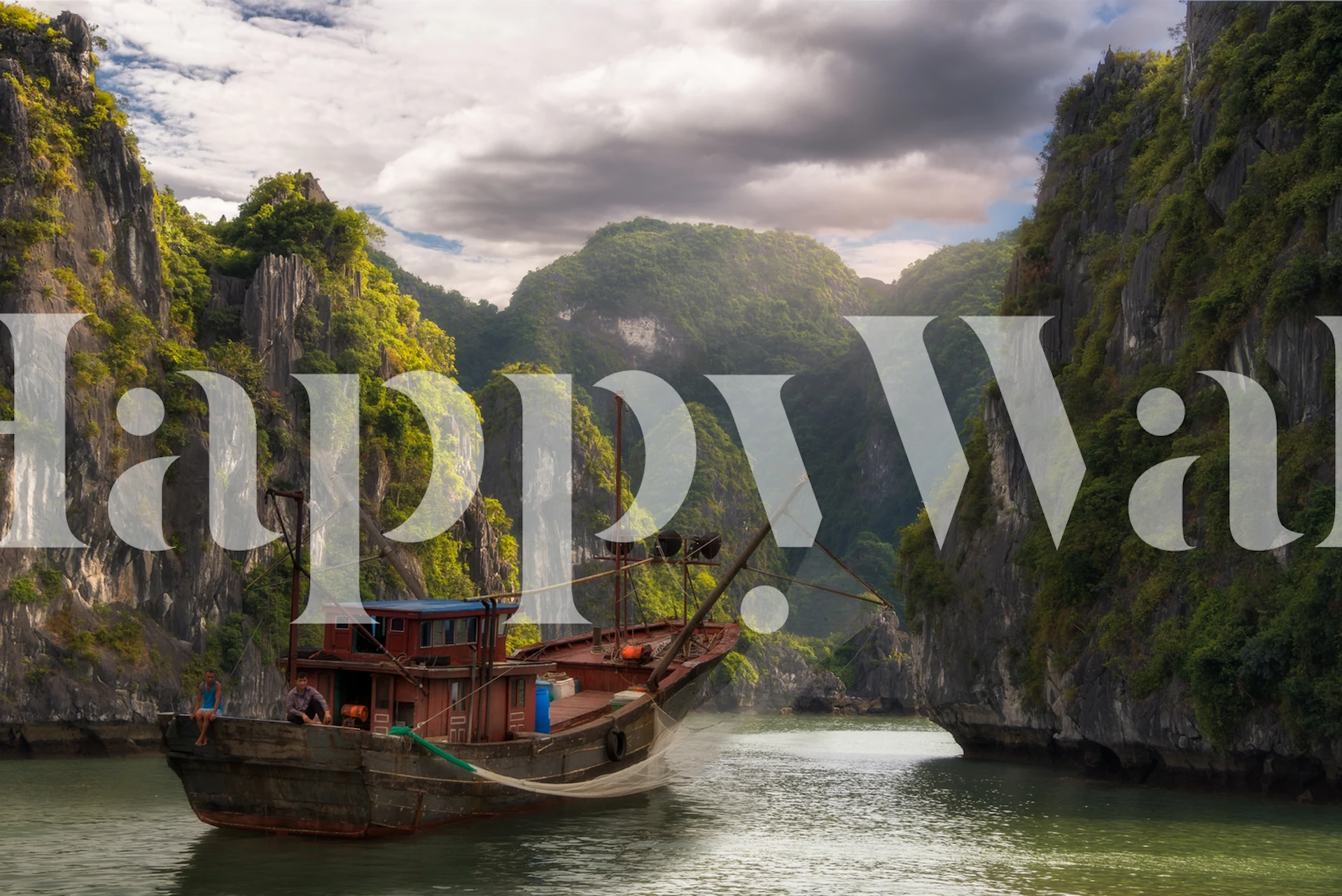 Timeless landscape wall mural with boat and mountains