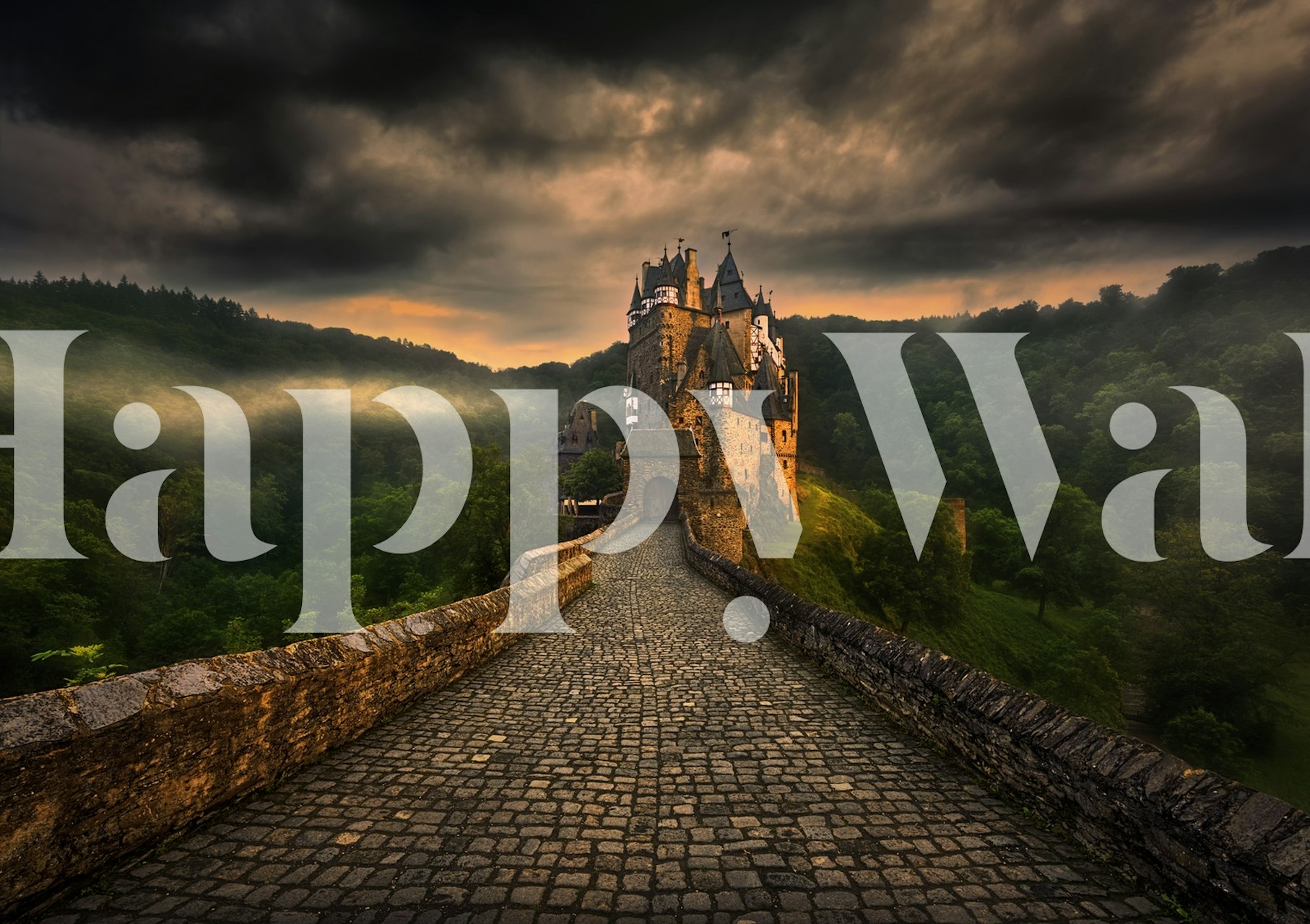 Castle landscape wallpaper with dramatic skies and lush greenery