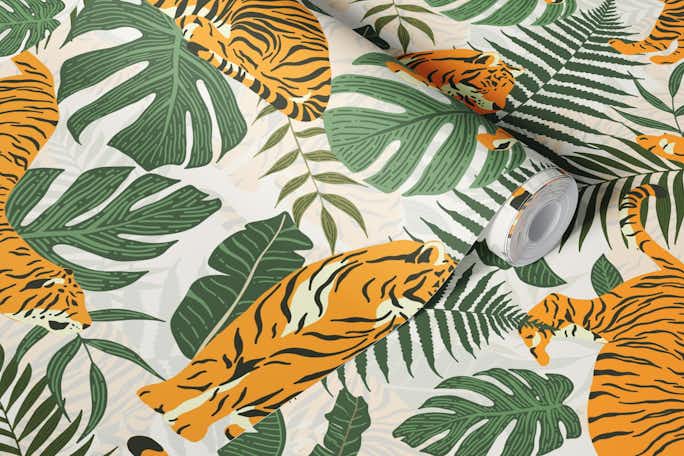 Modern Minimalistic Tiger And Leaves Junglewallpaper roll