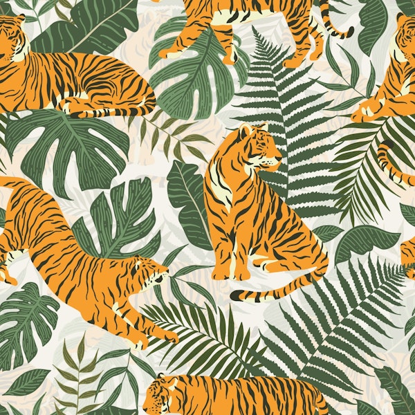 Modern Minimalistic Tiger And Leaves Jungle