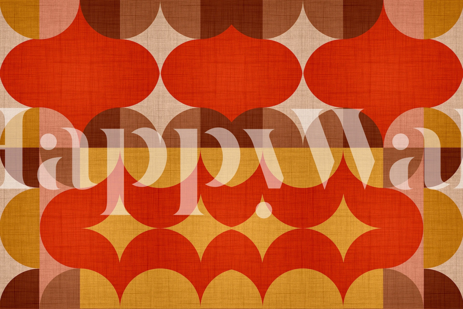 Retro geometric patterns in orange, red, yellow on linen wallpaper