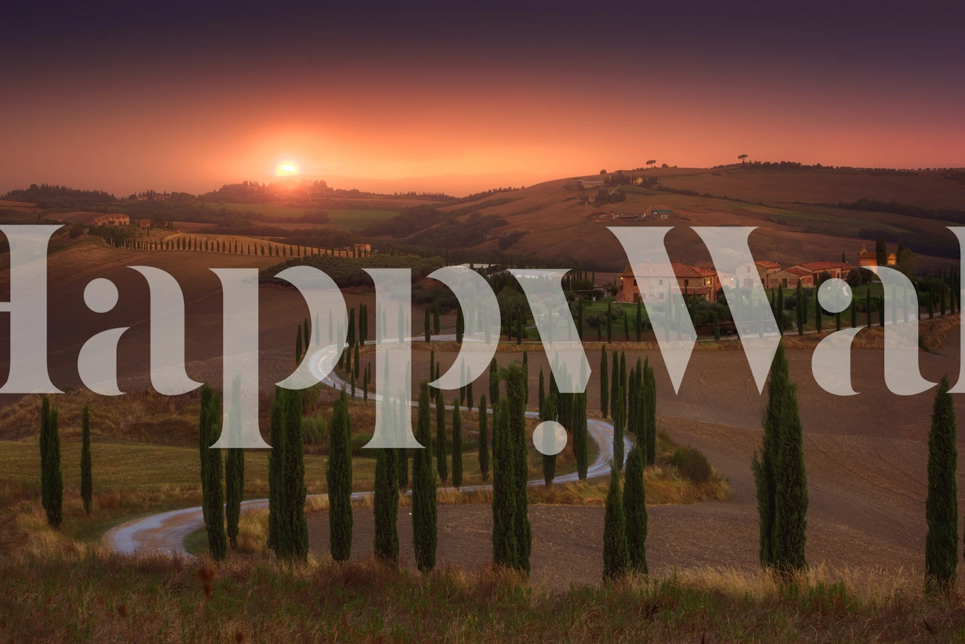 Tuscany landscape with cypress trees and rolling hills at sunset wall mural