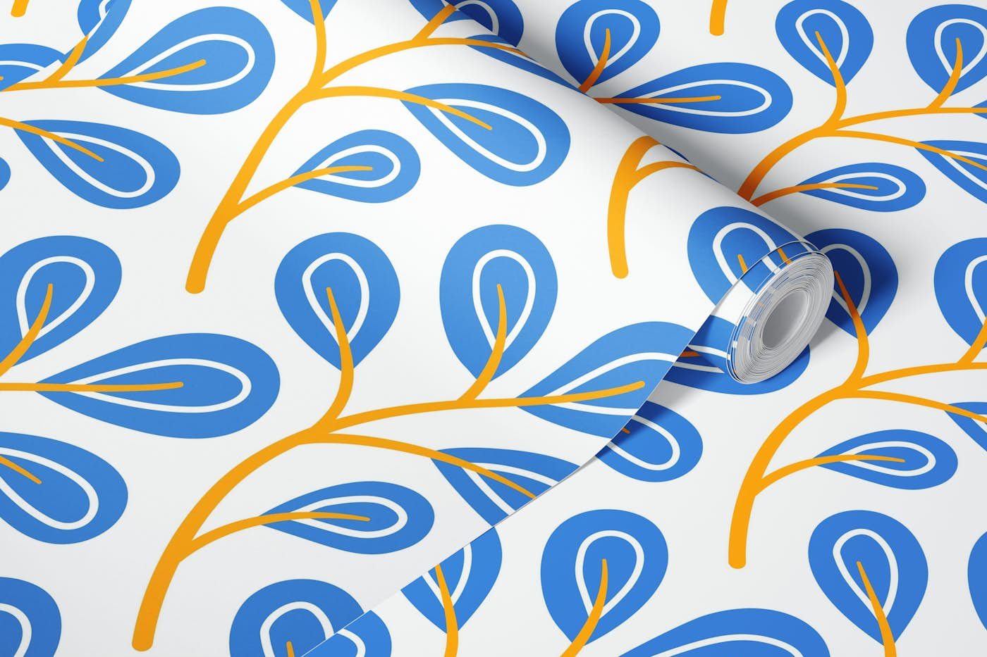 Leaves pattern, hand drawn, blue (2868B) wallpaper roll