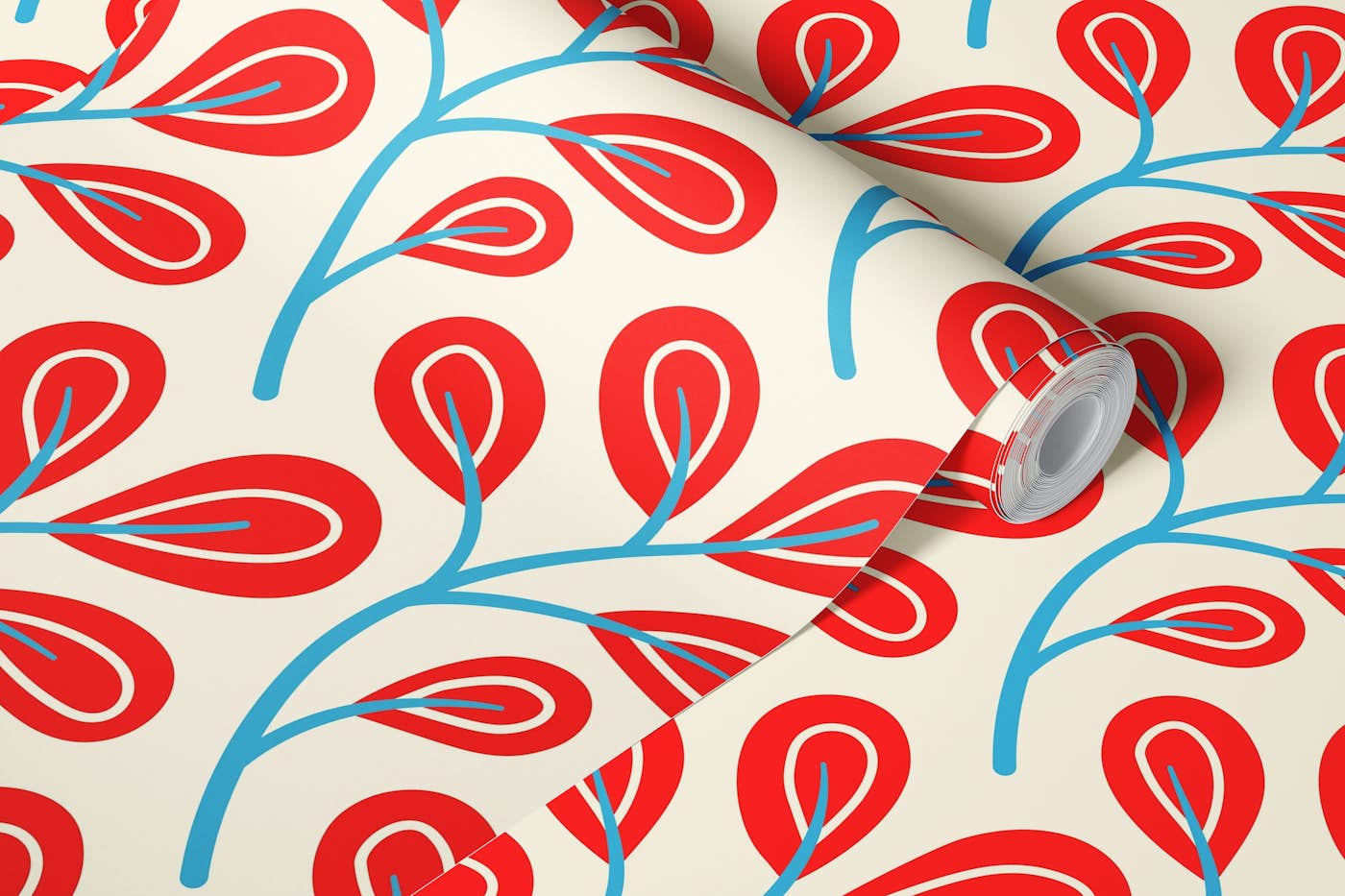 Leaves pattern, hand drawn, red (2868C) wallpaper roll