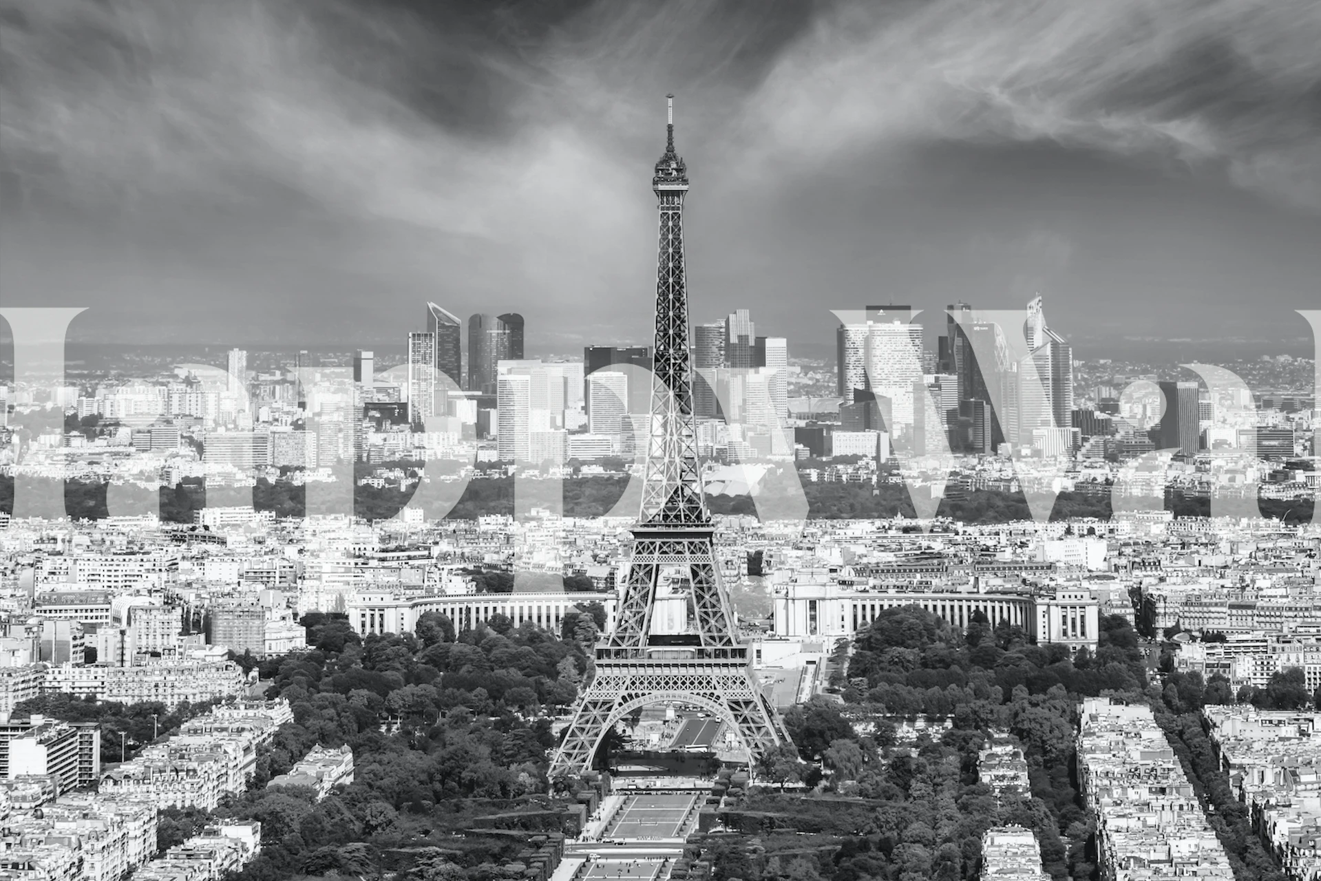 Monochrome Paris skyline wallpaper in a room