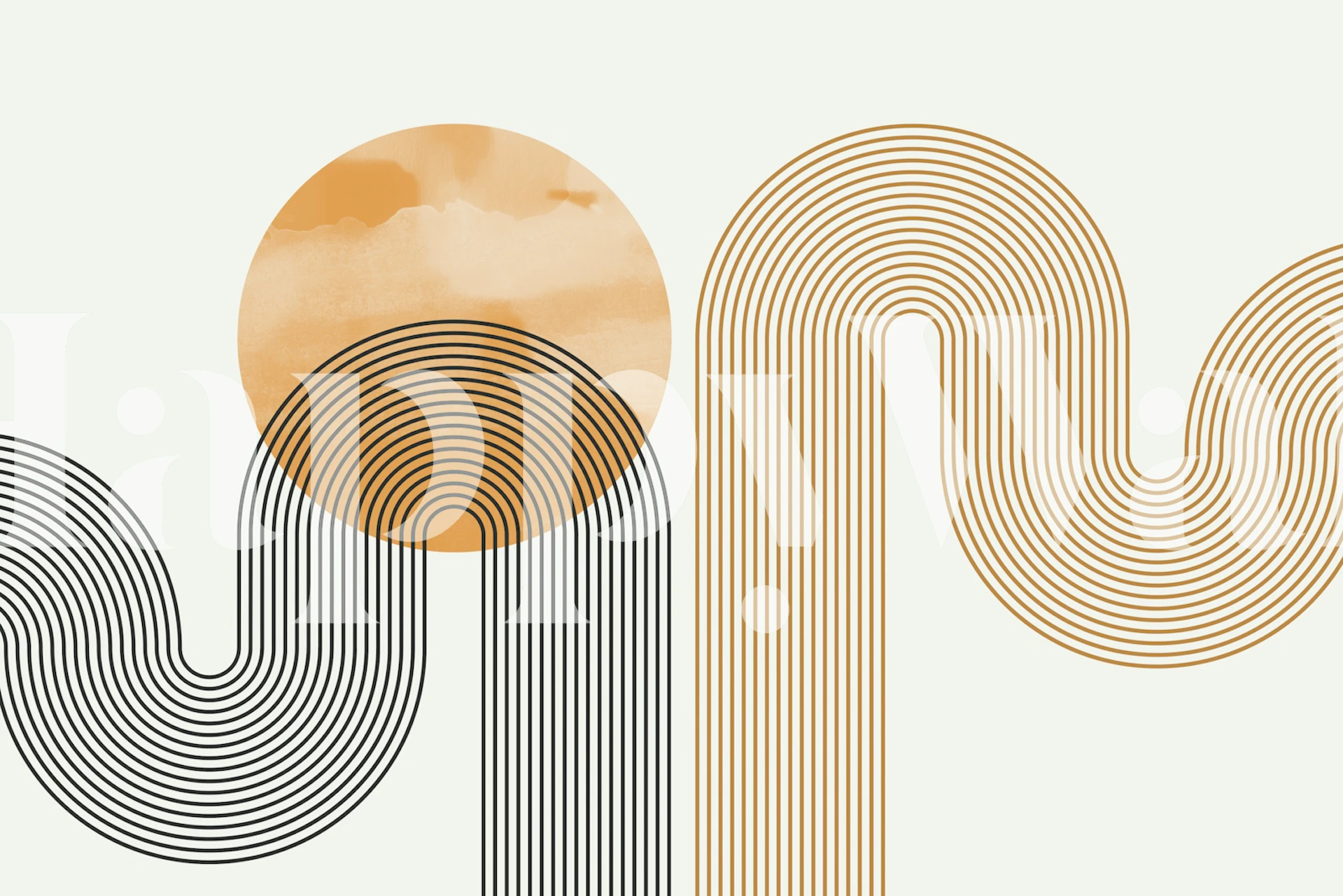 Curvy Retro Lines wall mural with earth-toned geometric shapes on a neutral background