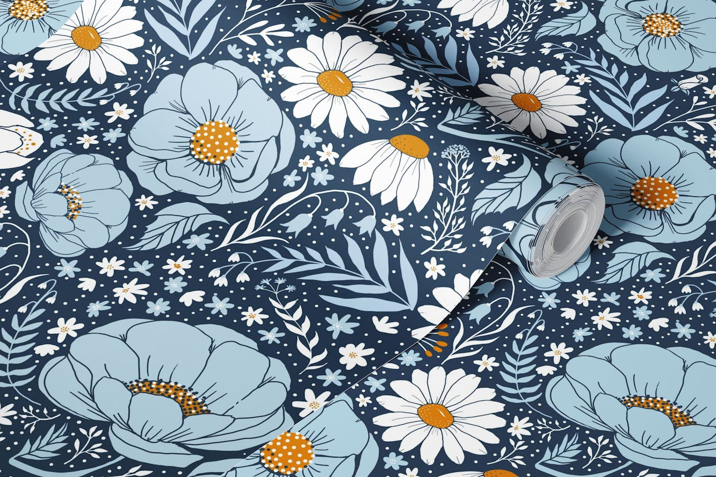 Blue and white flowers on navy blue wallpaper roll