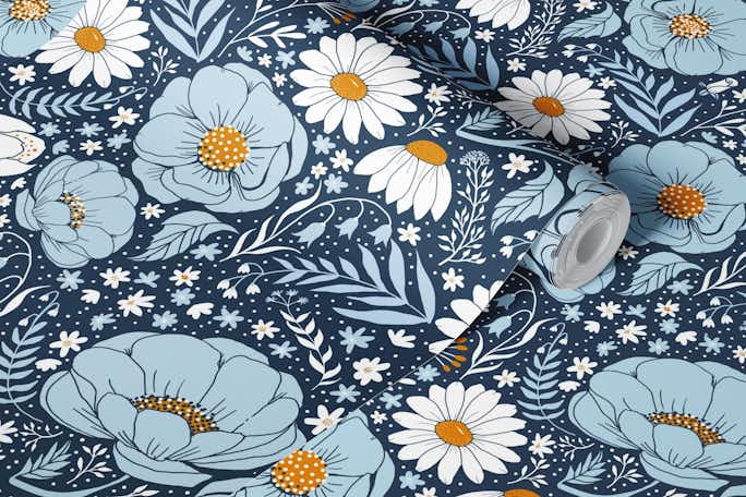 Blue and white flowers on navy bluewallpaper roll