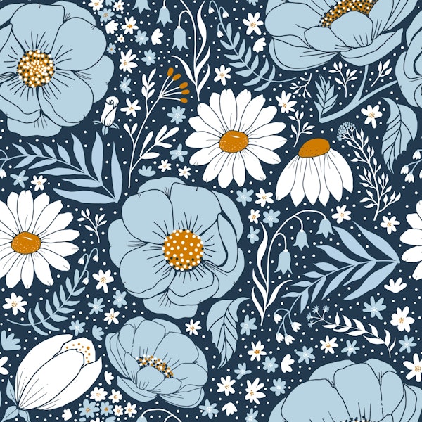 Blue and white flowers on navy blue