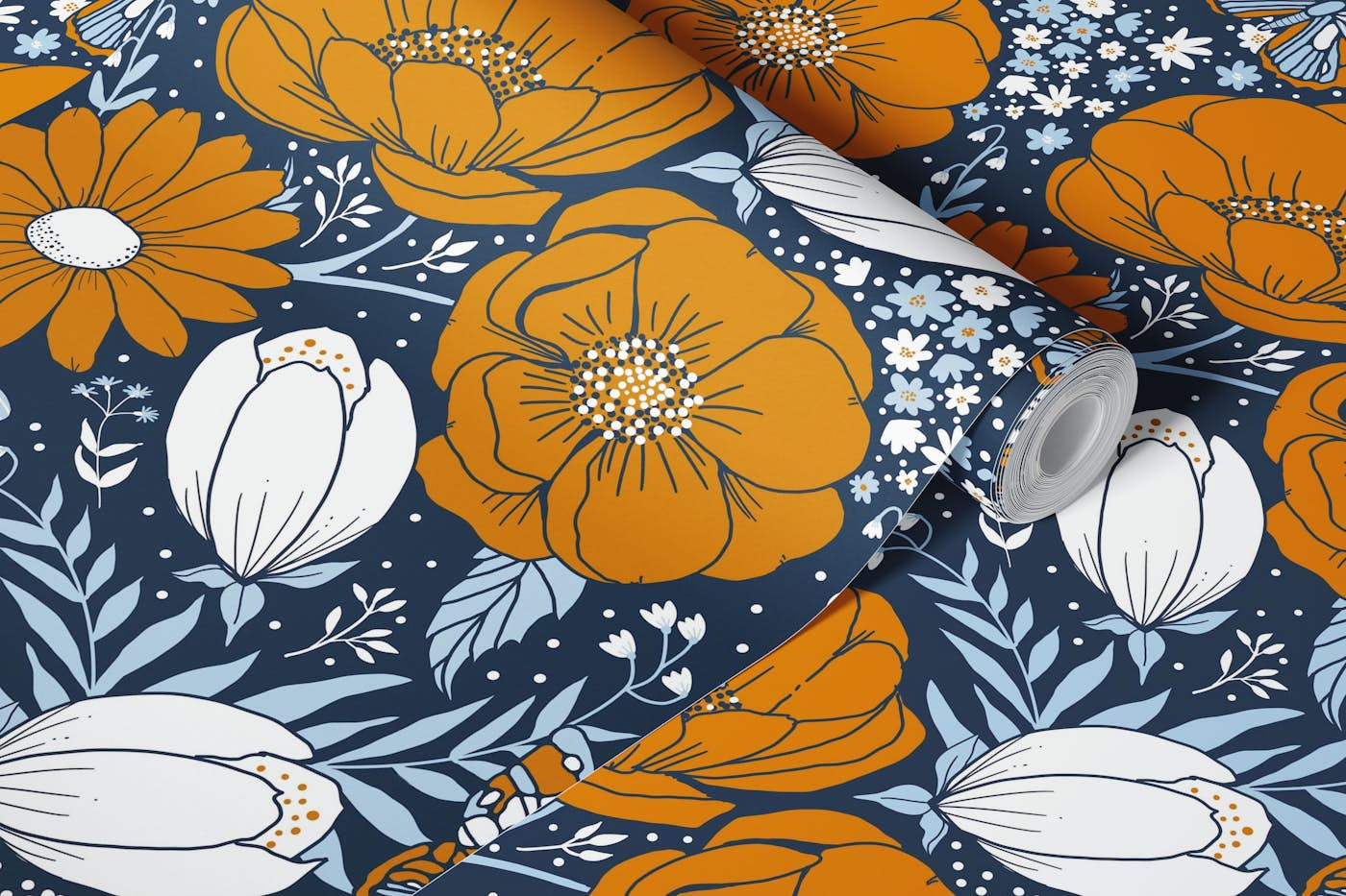 lush flowers - ocre on navy wallpaper roll