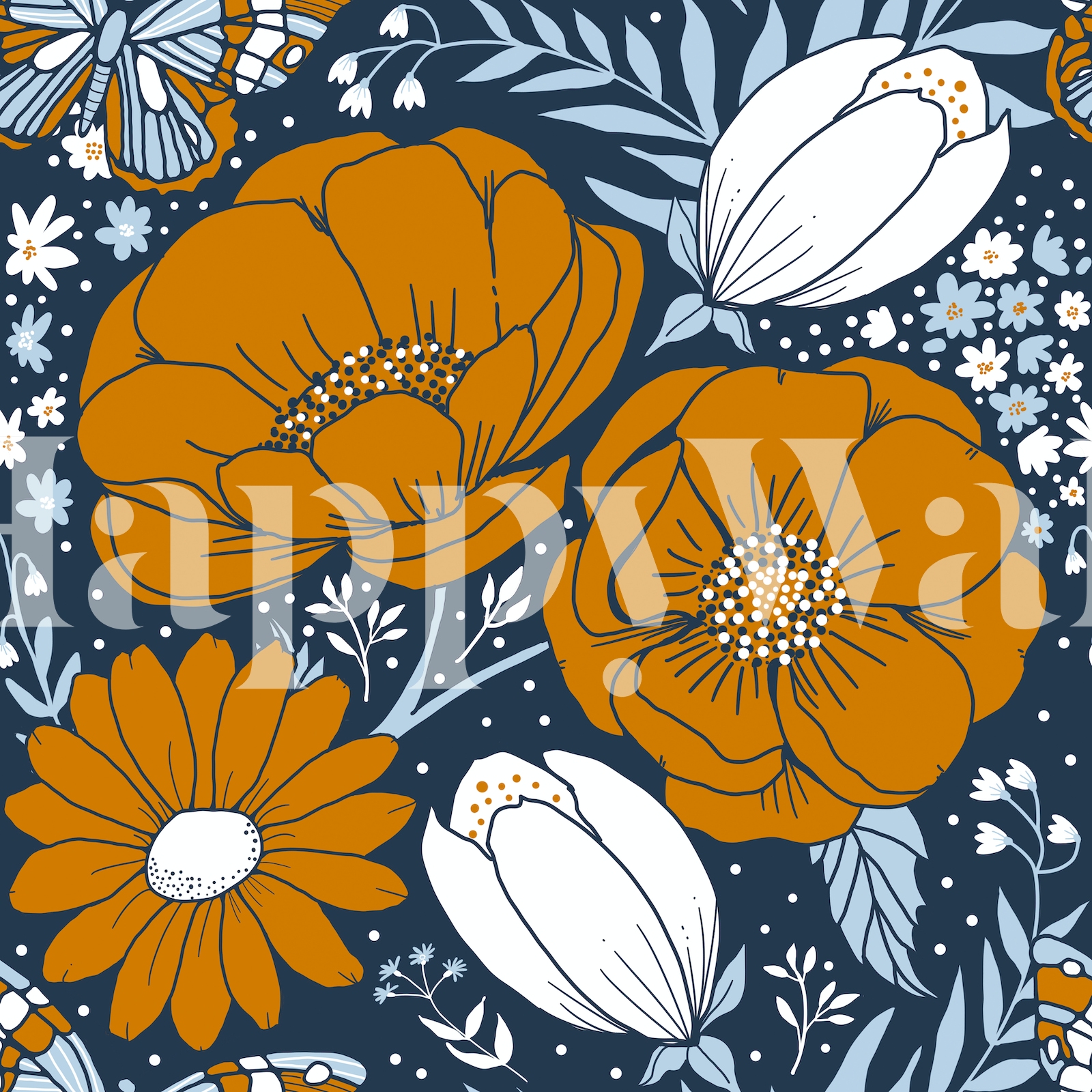 lush flowers ocre on navy wallpaper Free shipping Happywall