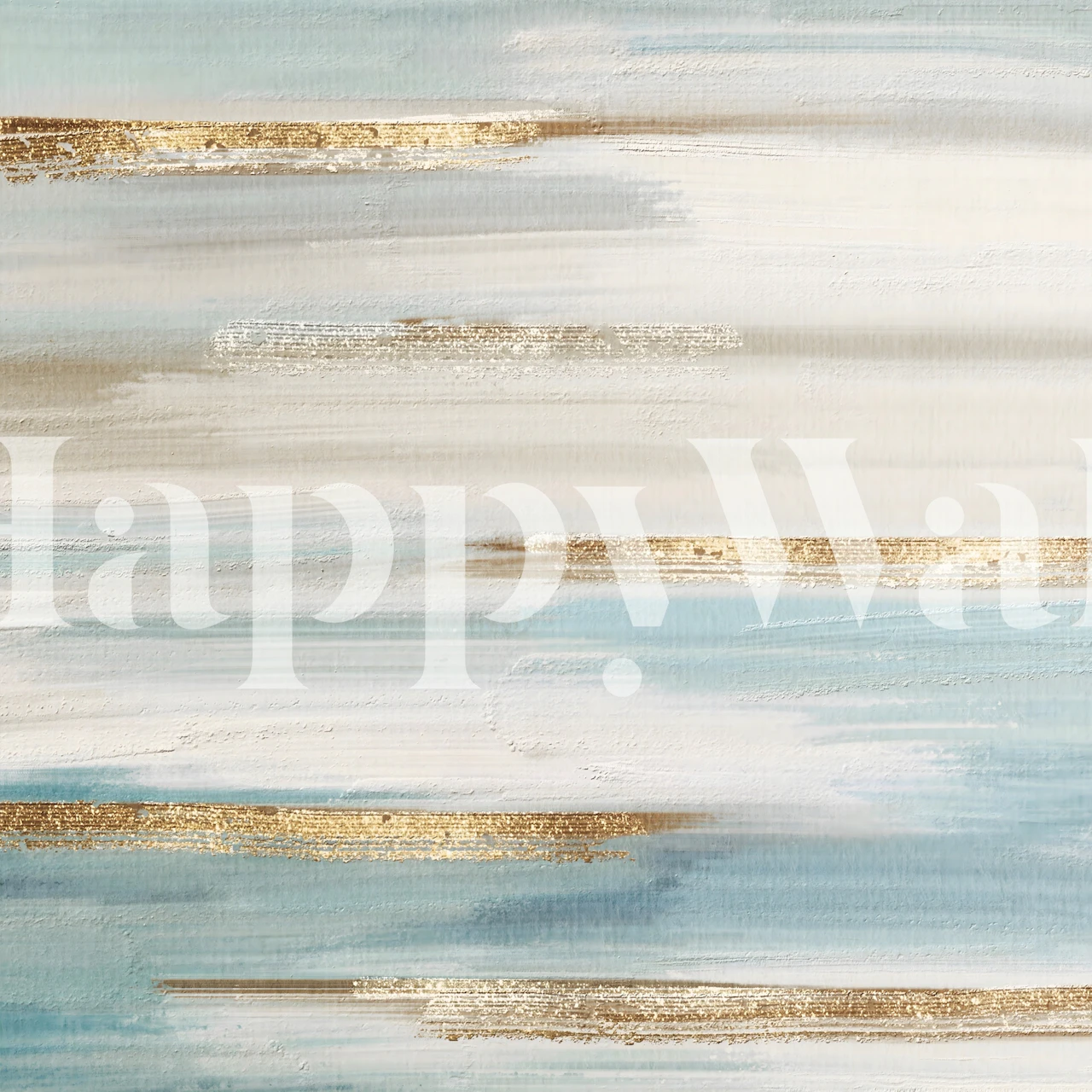 Mural de parede abstrato com listras horizontais em tons serenos de azul, dourado e branco
