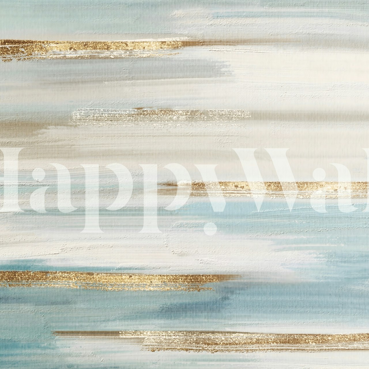 Abstraktes Wandbild mit horizontalen Streifen in ruhigen Blau-, Gold- und Weißtönen