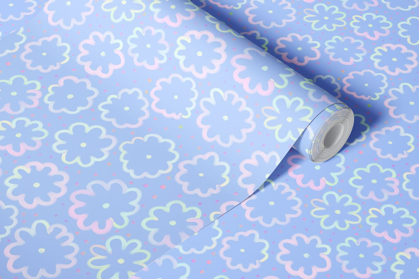 Baby blue rainbow daisies wallpaper roll