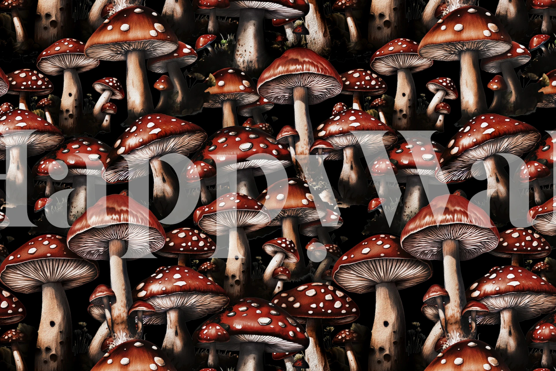 Red and white spotted mushrooms on dark background wallpaper